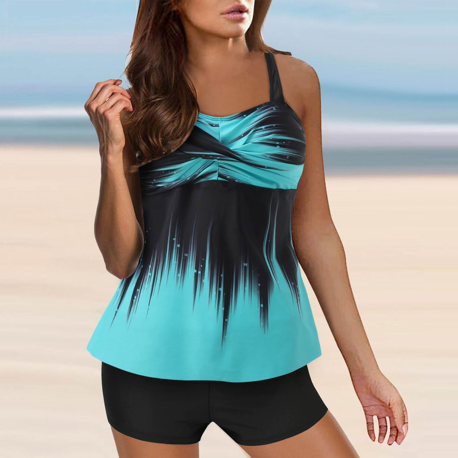 BOBOGOJP Summer Blouson Tankini Swimsuits for Women 2026 Tummy Control Two Piece Bathing Suits with Sporty Pockets Swim Shorts Blue for Size XXL