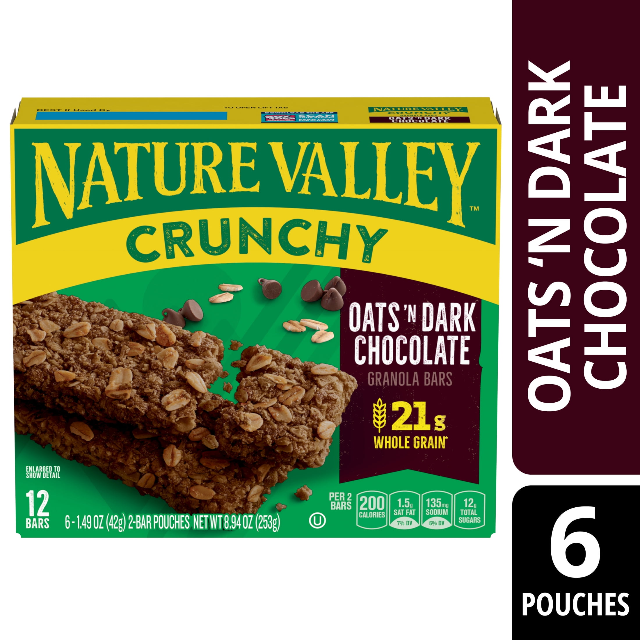 (12 pack) Nature Valley Crunchy Granola Bars, Oats 'n Dark Chocolate, 12 Count, 8.94 oz (6 Pouches)