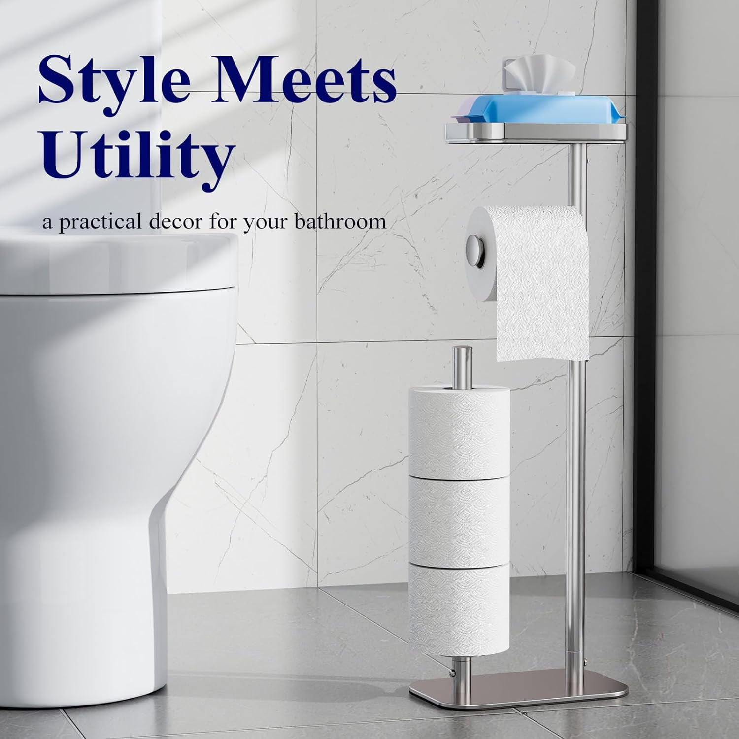 Toilet Paper Holder Free Standing – Rustproof Metal Toilet Paper Stand for 4 Rolls with Anti-Slip Base and Shelf for Phone & Small Items, Bathroom Organizers and Storage, Medium