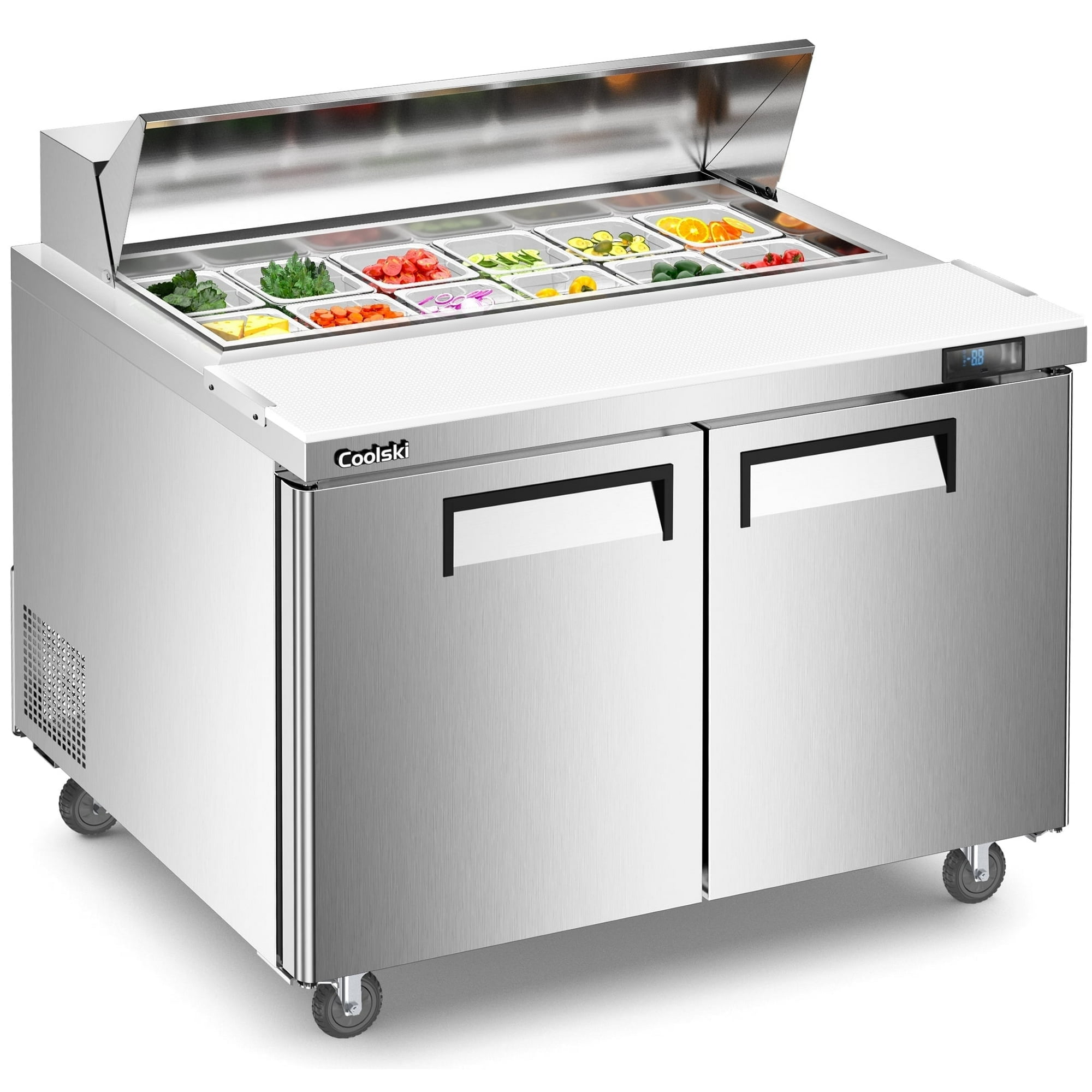 Coolski 48’’ Wide Commercial Salad Bar Refrigerator, Refrigerated Sandwich Salad Prep Table with 2 Doors, Stainless Steel Prep Fridge for Commercial Kitchen Restaurant, NSF Certified