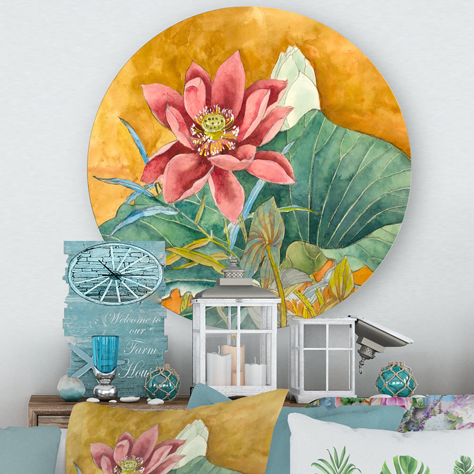 Designart 'Ancient Impression of Pink Lotus' Traditional Circle Metal Wall Art 11x11 - Disc of 11