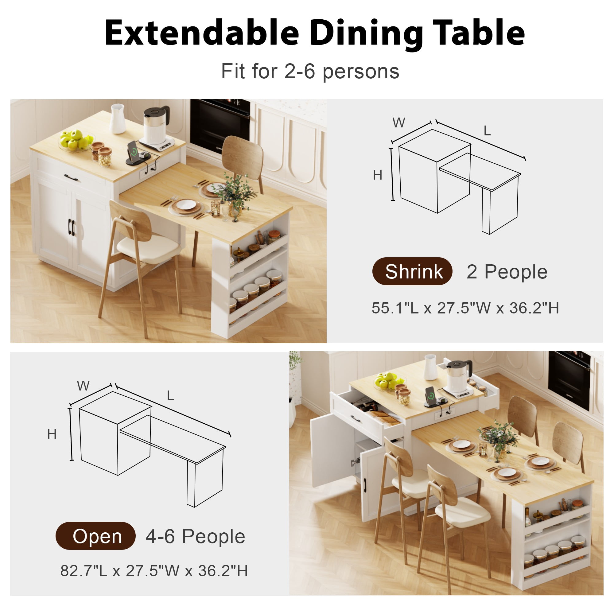 Homy Casa Kitchen Island with Extendable Dining Table and Storage Shelves