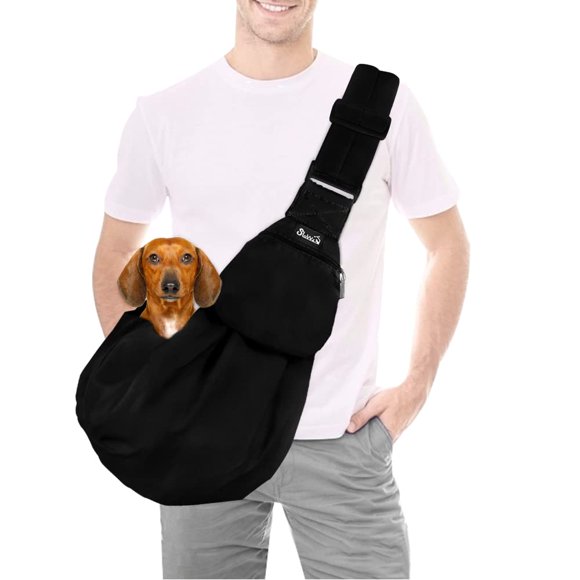 SlowTon Dog Carrier Sling, Thick Padded Adjustable Shoulder Strap Dog Carriers for Small Dogs, Puppy Carrier Purse for Pet Cat with Front Zipper Pocket Safety Belt Machine Washable (Bl