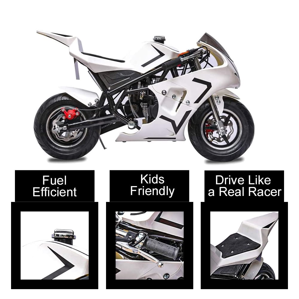 FRP 2 Stroke Pocket Bike 03, Pocket Bike for Kids W/ Strong Dual Brake, Realistic Racing Pocket Rocket Max Speed 20 Mph, Mini Bike Max Weight 165 LB-Ultra Edition, White