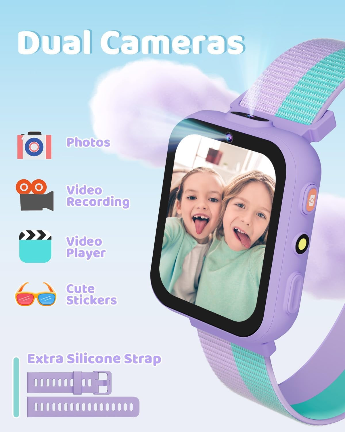 BIGGERFIVE Smart Watch for Kids with Dual Cameras, Two Straps, 30 Puzzle Games, Video & Music Player, Audiobooks, Flashlight, Pedometer, Educational Toys Birthday Gifts for Boys Girls Ages 4-10 Lilac