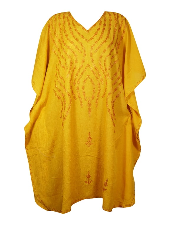 Mogul Women Orange Floral Embroidery Caftan Dress V-Neck Kimono Resort Wear Mid Length Cover Up Kaftan Dresses 2XL