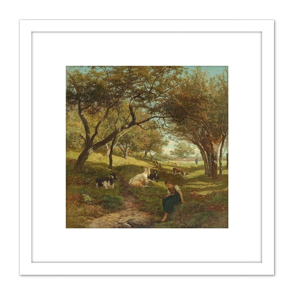 Bilders The Goatherdess Farm Goat Painting 8X8 Inch Square Wooden Framed Wall Art Print Picture with Mount