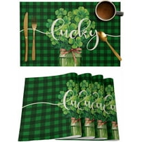 Green Plaid Placemats Set of 6,Washable Woven Burlap Cloth Fabric Placemat for Square/Rectangle/Round/Oval Dining Table,Easy Clean Place Mats St. Patrick''s Day Buffalo Checkered Plant