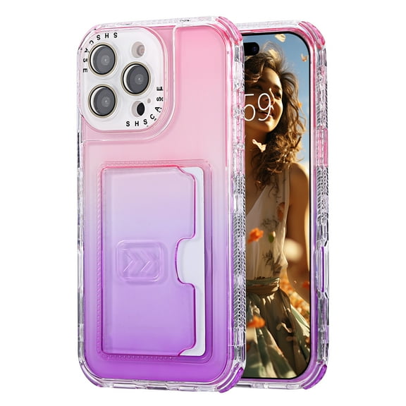 Card Slot Gradient Color Transparent Phone Case for iPhone 16 Pro Max, Soft TPU Shockproof Anti-Fall Slim Hard PC Back Cover with Tempered Glass Lens Protector for iPhone 16 Pro Max - Pink Purple