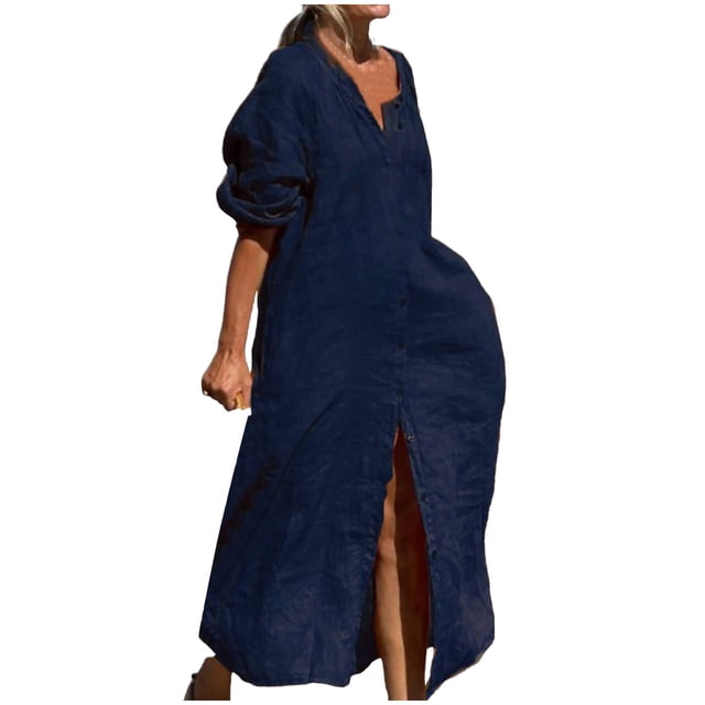 Gspmoly Robes pour Femmes, Robe Décontractée Unie pour Femmes à la Mode, Robe à Col en V à Manches Longues, Longue Robe, Robes de Soirée pour Femmes Offres du Jour