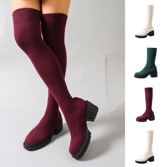 Women Knitted Over the Knee Sock Boots, Stretchy Fabric Round Toe Chunky Block Heel Thigh‑High Booties, Non‑Slip Platform Shoes
