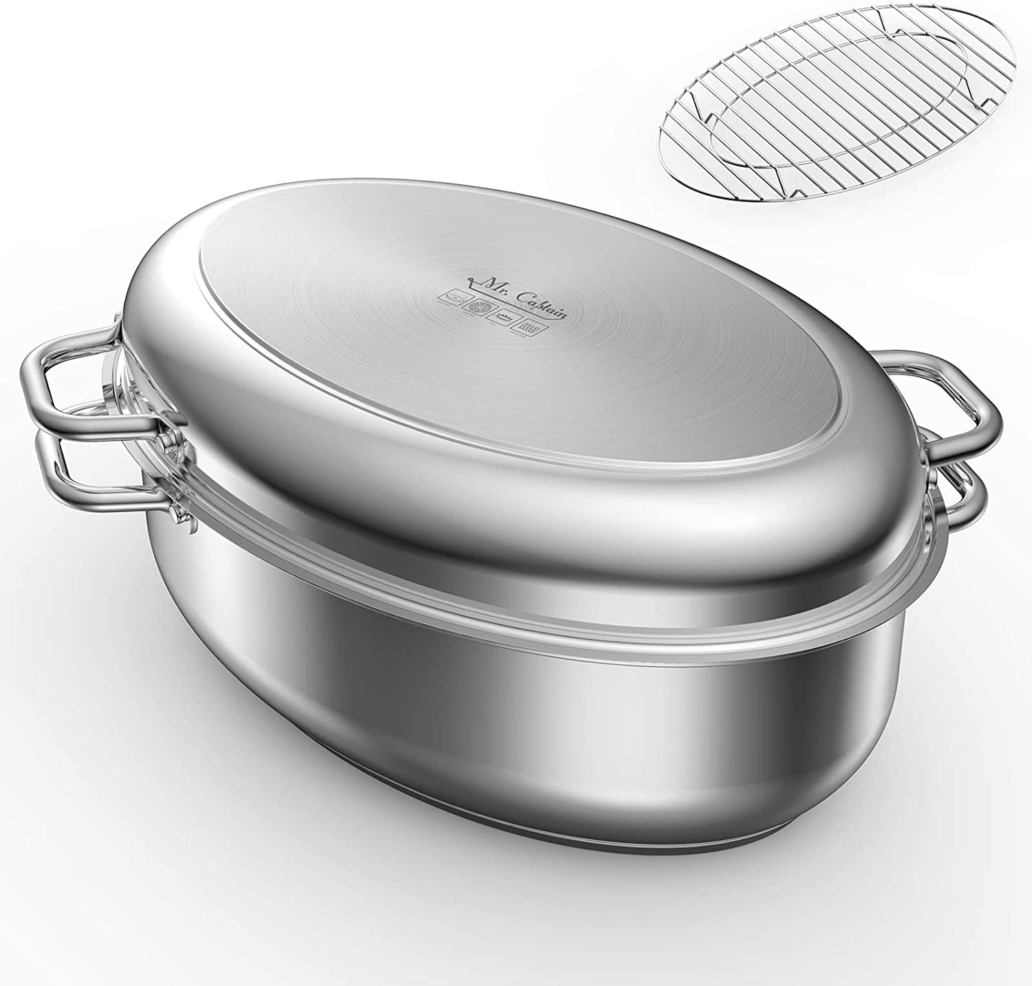 Mr Captain Roasting Pan with Rack and Lid 12 Quart,18/10 Stainless Steel MultiUse Oval Turkey