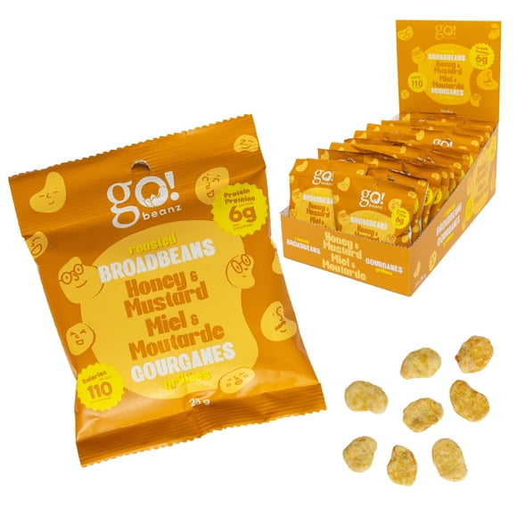 Jimmy Sevigny Roasted Broad Beans Snacks, 24 Individual Packs (28 g Each), Honey & Mustard Flavor, Crunchy Plant-Based Snack, Convenient On-the-Go Snack