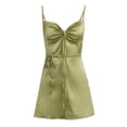 thumbnail image 5 of Women's V Neck Satin Dress Adjustable Spaghetti Strap Lacing Sling Dress Summer A Line Beach Party Mini Dress Ladies Clothes, 5 of 9