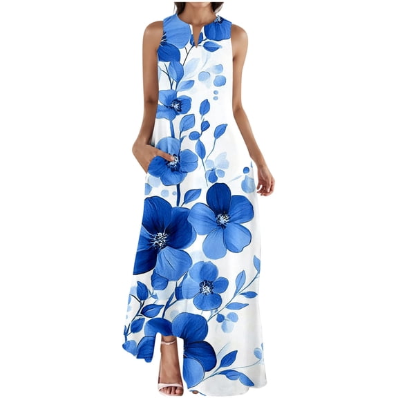 Ruimatai Women's Summer Sleeveless V-Neck Dress Casual Flowy Printed Dress Lightweight Comfortable Polyester Beach Party Dress