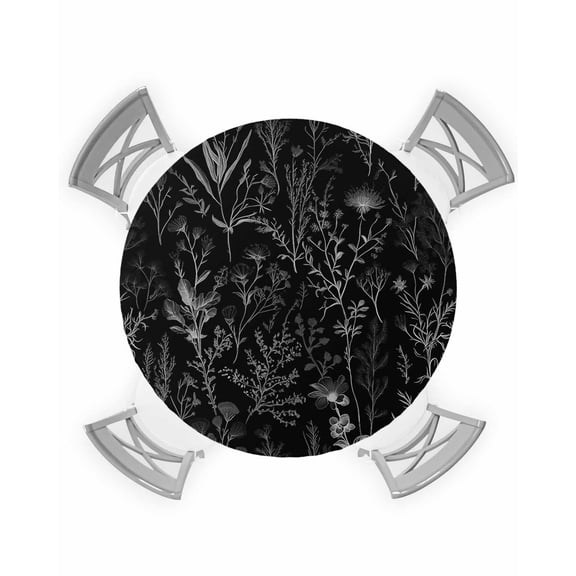 nqOlkjepod Flower Black Round Tablecloth, Fitted Table Cover with Elastic for 36"-44" Round Tables, Fall Winter Floral Leaves Spring Botanical Table Cloth Dinning Party Waterproof Tablecloths