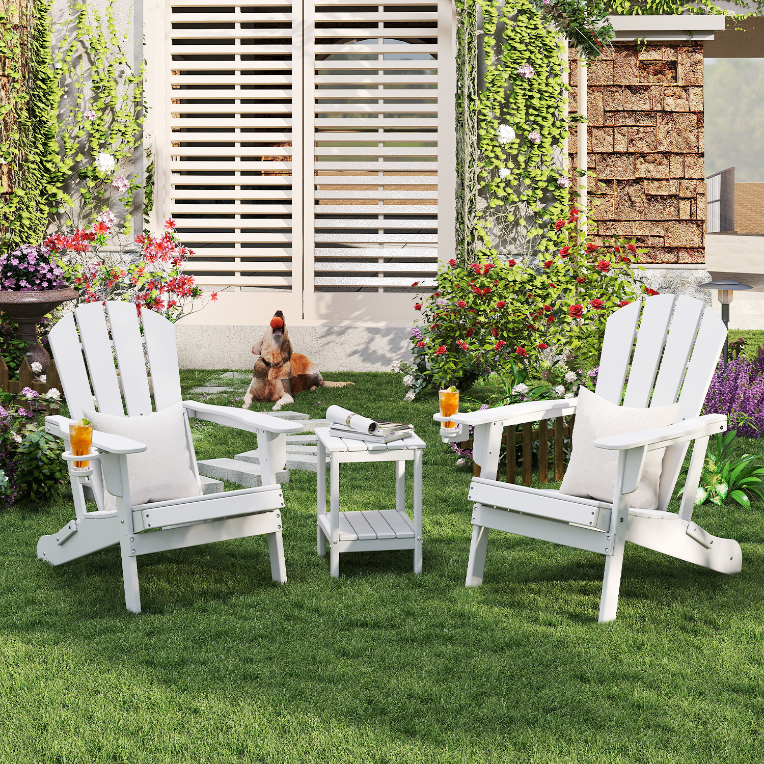 FURRYFECTION Folding Adirondack Chair with Cup Holder,All-Weather HDPE Outdoor Fir Pit Chairs for Patio Garden Backyard,White