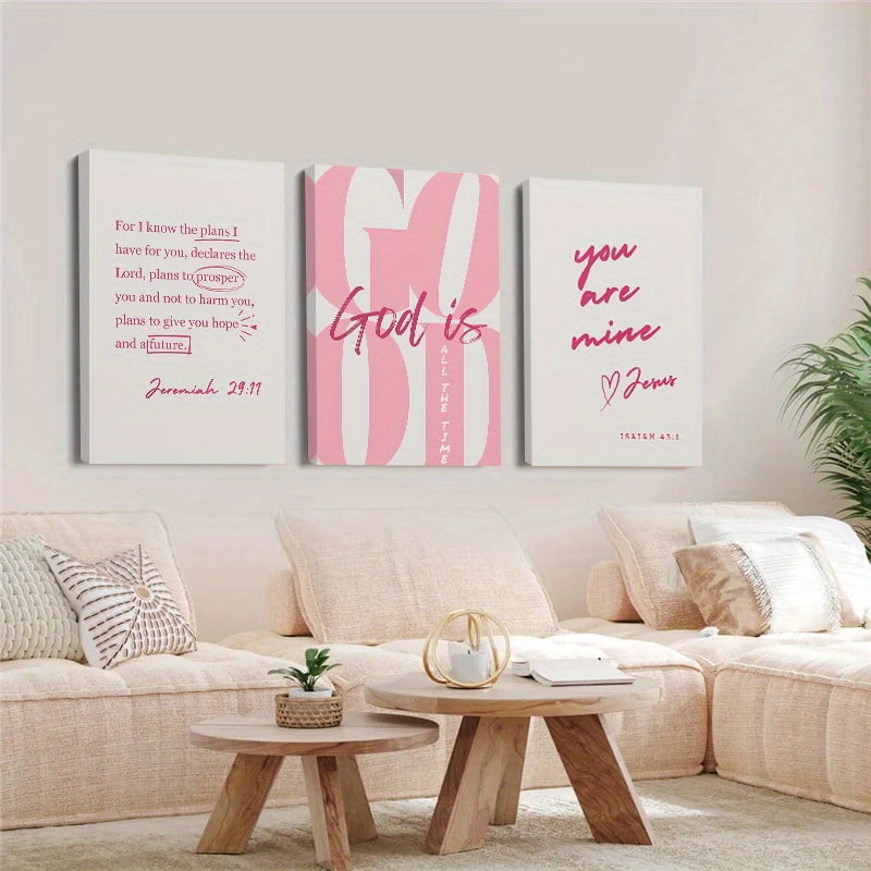 3pcs Trendy Pink Girly Christian God Is Good All The Time Wooden Framed Canvas Painting, Wall Art, Living Room Decoration Bedroom Home Decor, Bedroom Artwork, Modern Wall Painting, Girly Aesthetic,