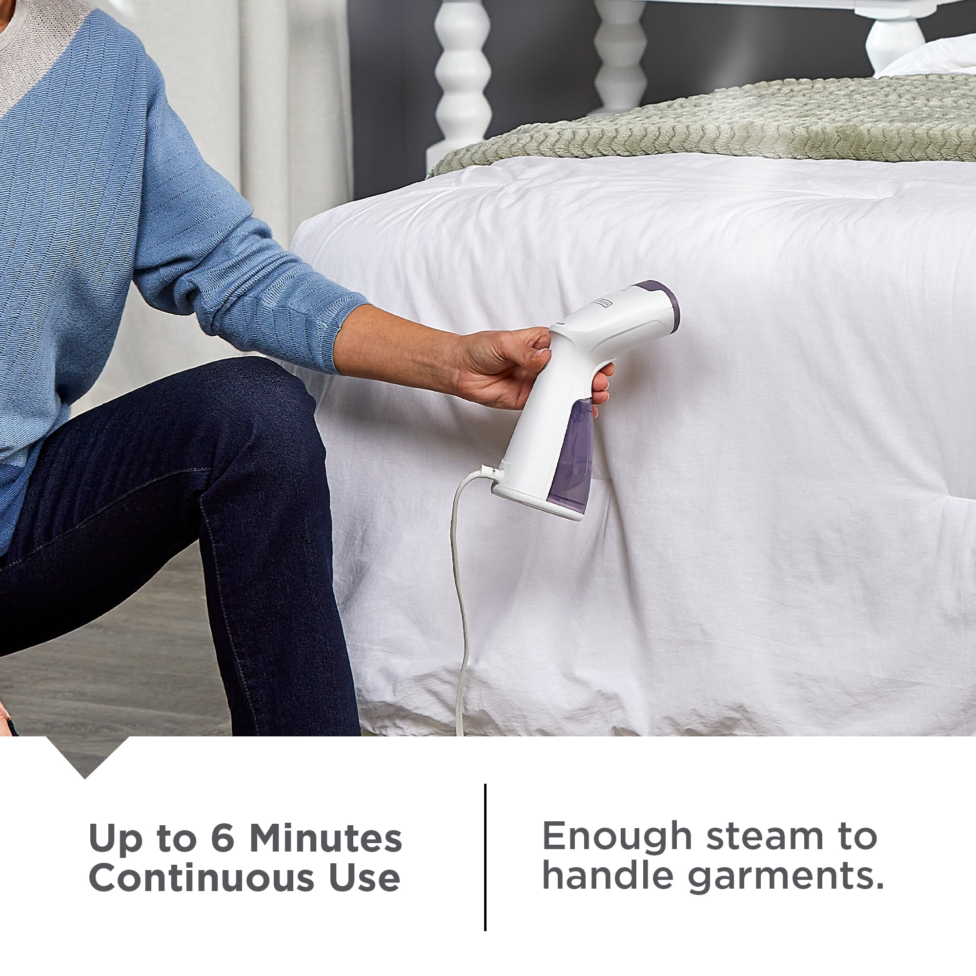 BLACK+DECKER Compact Handheld Garment Steamer, 1000W, 30-Second Heat Up, 6-Minutes of Continous Steam, 10.8 fl oz Detachable Water Tank, Lavender & White
