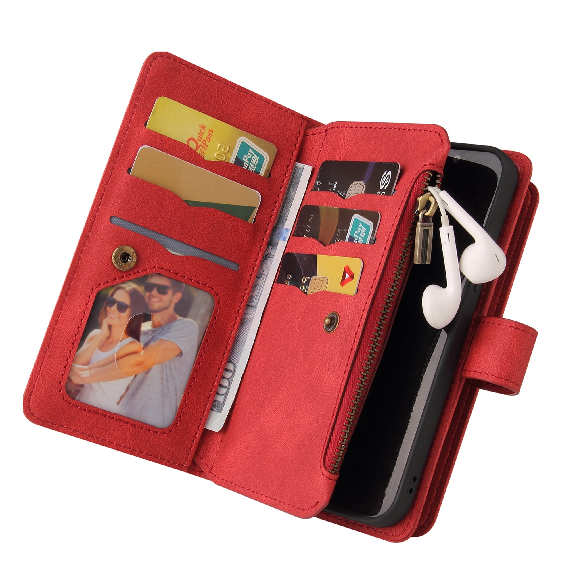 Phone Case for Samsung Galaxy S24 Ultra, S24 Ultra Wallet Case, Luxury Folio Flip Leather Cover [Zipper Pocket] [Wrist Strap] [Kickstand] for Samsung Galaxy S24 Ultra, Red