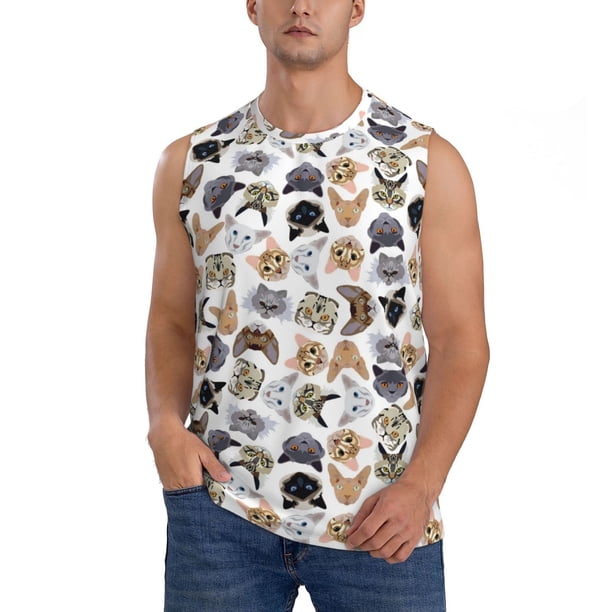 Fotbe Cute Cats Men's Camiseta sin Mangas Estampada para Hombres, Playera Casual para Gimnasio, Entrenamiento, Playa-Medium