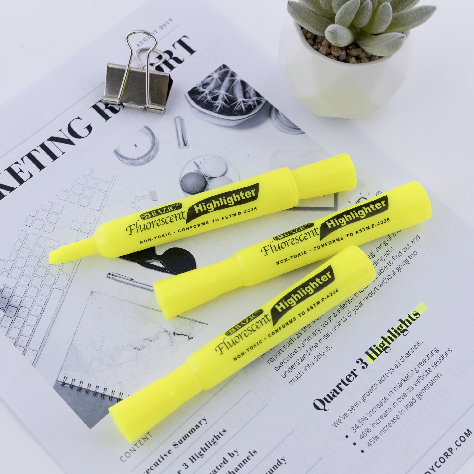 BAZIC Yellow Highlighter Desk Style Chisel Tip Unscented Marker, 144-Count