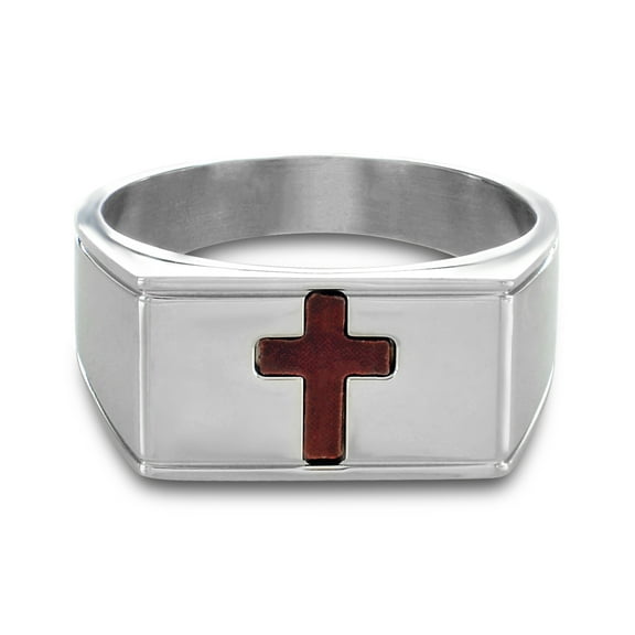 Men's Wooden Cross Square Ring in 316L Stainless Steel
