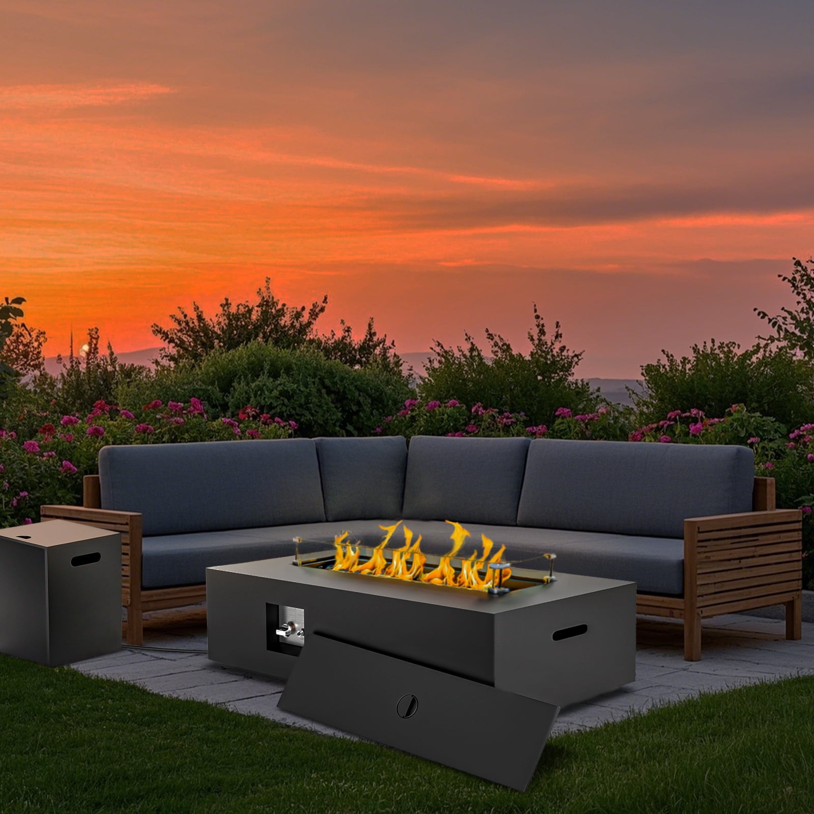 ConToose 42inch Propane Rectangle Fire Pit - Black, 50,000 BTU, Iron Body, Pulse Ignition with Complete Accessories