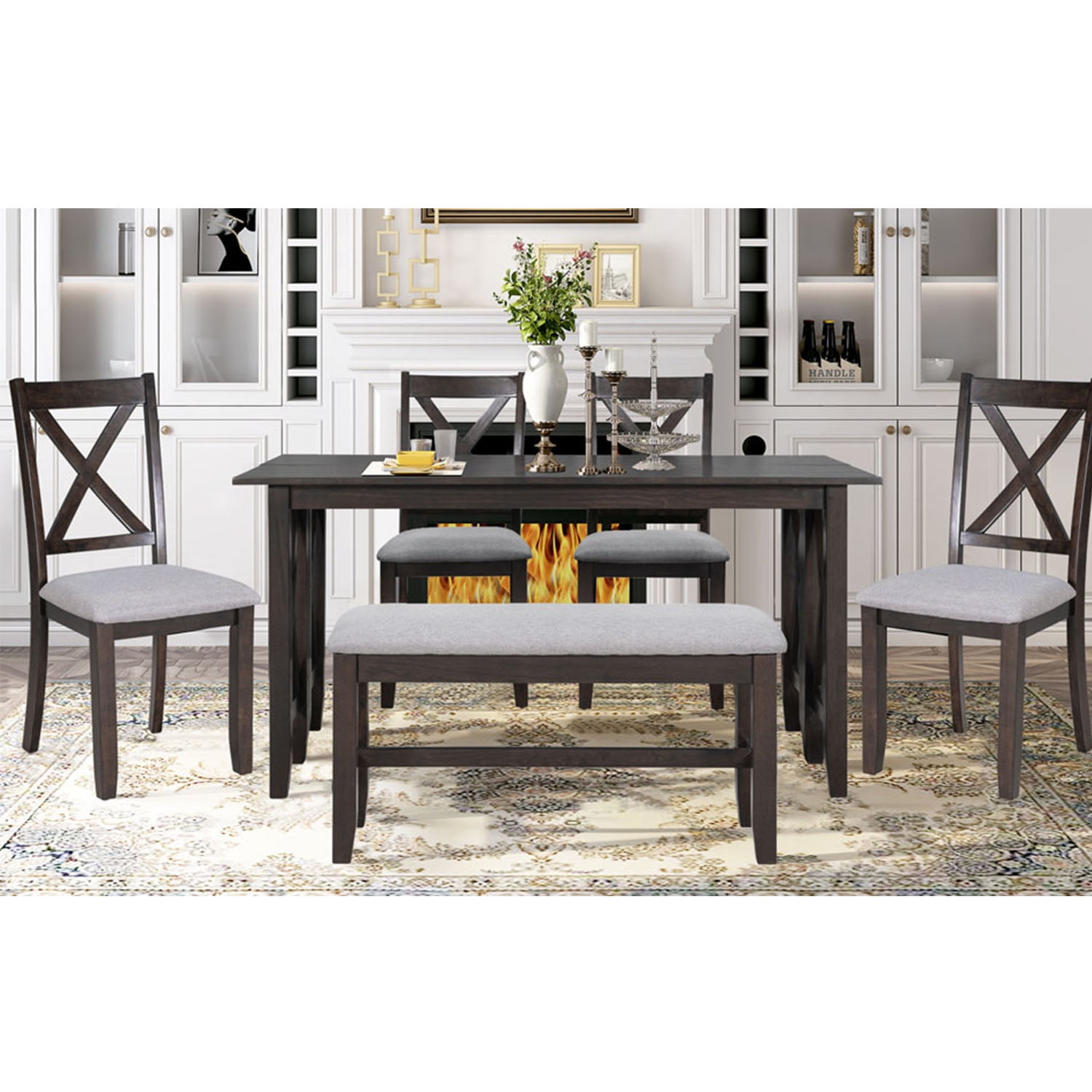 Kadyn Dining Table Set for 6, Living Room Table Set with Foldable Table and 4 Chairs with Bench, 6-piece Family Dining Room Set for Dining Room, Espresso Kadyn Dining Table Set for 6, Living Room Table Set with Foldable Table and 4 Chairs with Bench, 6-piece Family Dining Room Set for Dining Room, Espresso