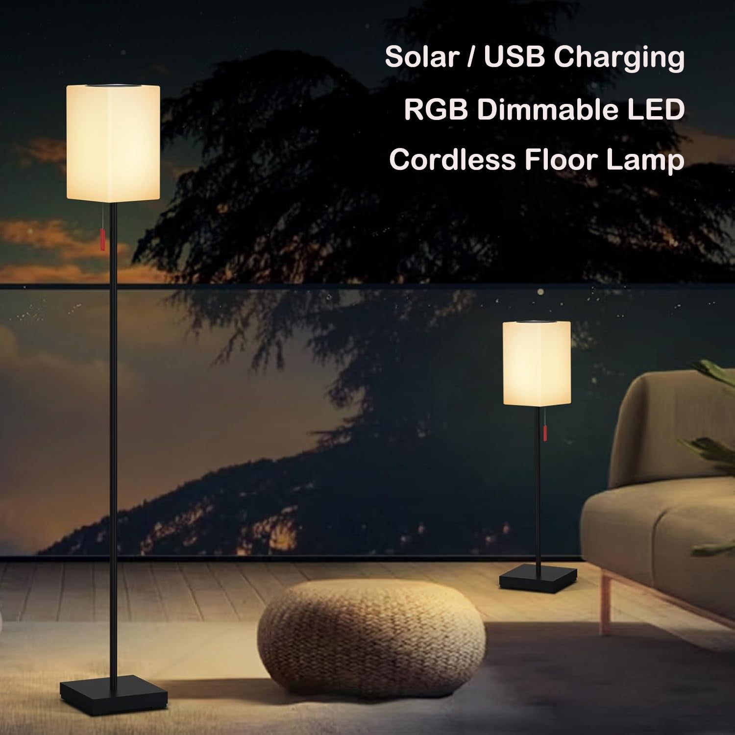 Postlucky 59" Solar LED Floor Lamp Dimmable with Remote Control, RGB Color, USB Charging, Cuboid Shade