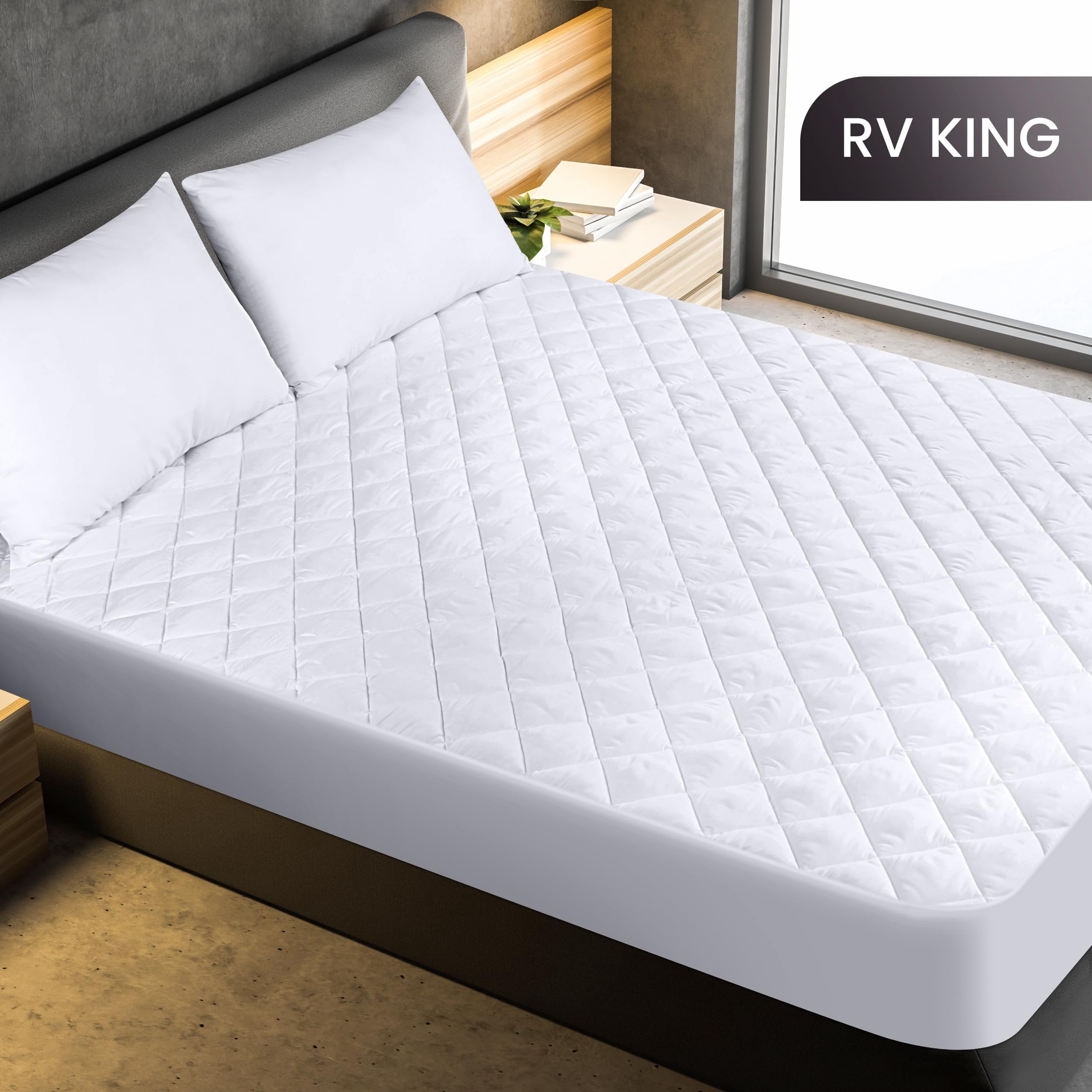 Utopia Bedding Quilted Fitted Mattress Pad RV King Size Elastic Fitted Mattress Topper Protector and Cover Paded for Camper with Deep Pocket Stretches up to 16 Inches Machine Washable (White)