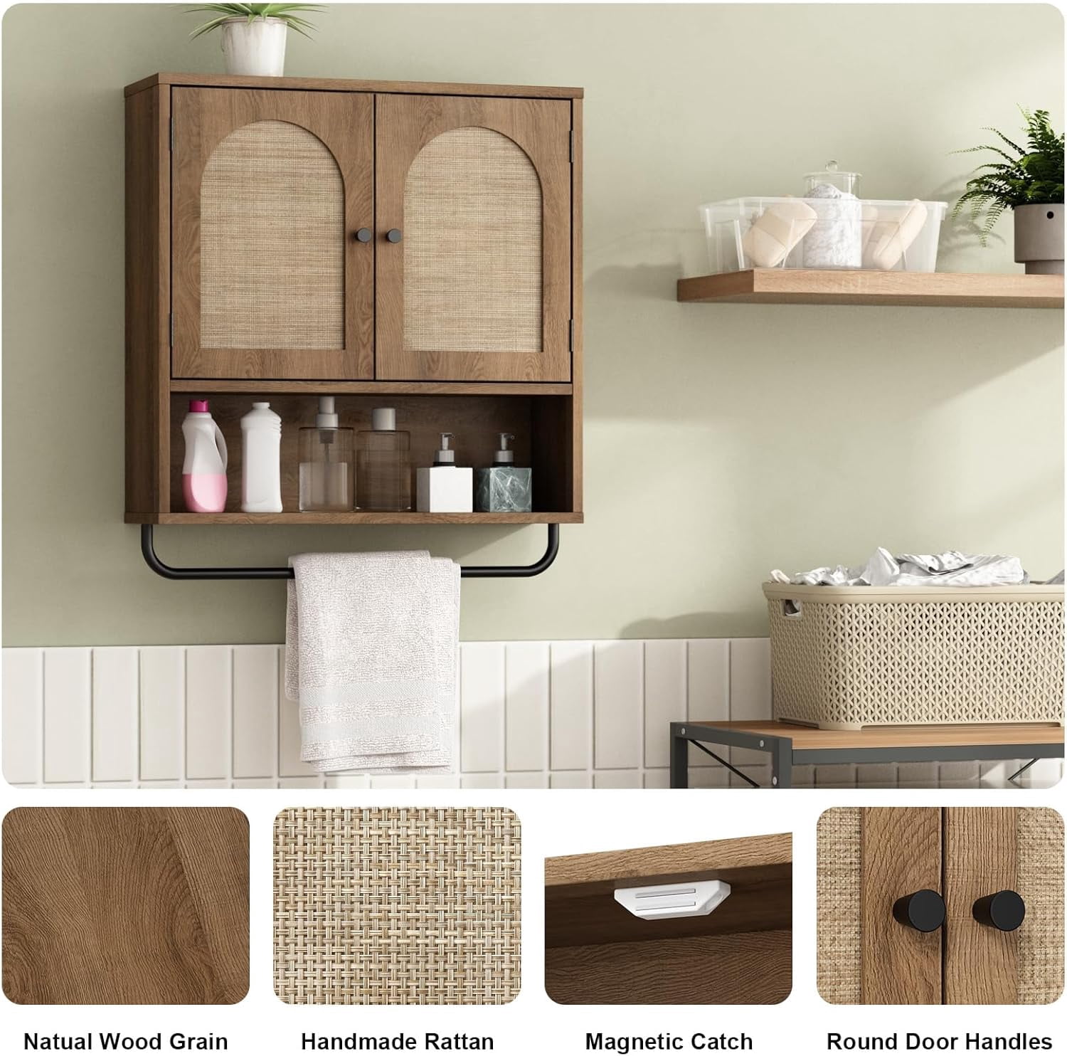 Rattan Bathroom Wall Cabinet,  Medicine Cabinet with 2 Arched Doors, Farmhouse Over The Toilet Storage Cabinets with Adjustable Shelves & Towel Bar, 3-Tier Wall Mounted Cabinets