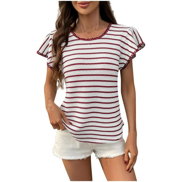 fheaev Hauts d'Été pour Femmes Manches Courtes Col Rond Décontracté Chic Ample Tunique Pull Mignon Tee-Shirts d'Entraînement Tenues de Vacances à la Plage T-Shirts d'Affaires Vêtements de Mode