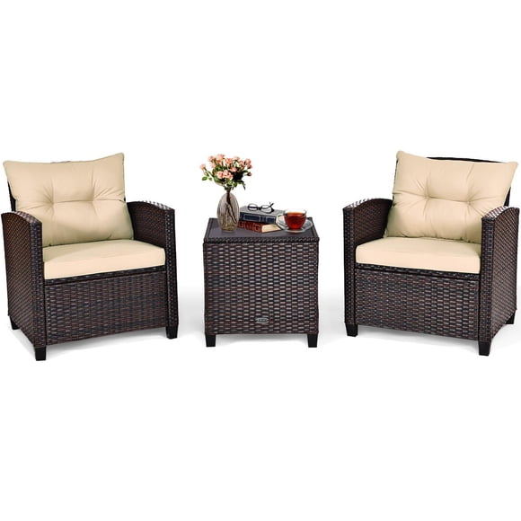 Giantex Ensemble de Mobilier de Patio 3 Pcs, Ensemble de Canapé d'Extérieur 3 Pcs en Rotin PE Osier avec Coussin Lavable et Dessus de Table en Verre Trempé, Mobilier de Conversation pour Jardin, Bord de Piscine, Balcon (Brun)