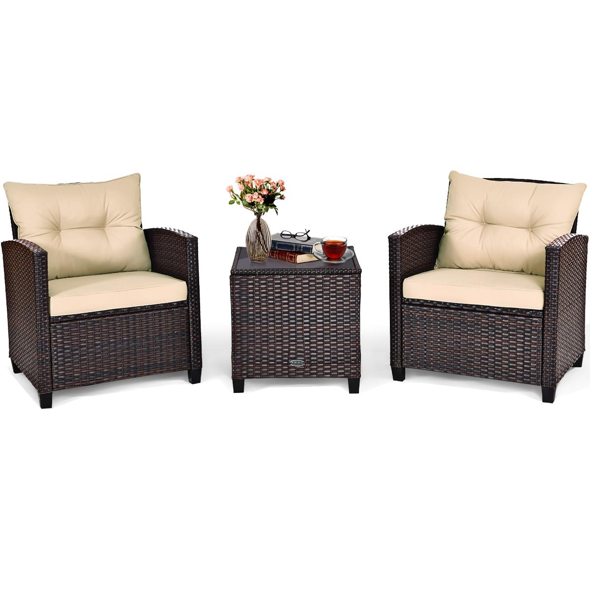 Giantex 3 Pieces Patio Furniture Set, PE Rattan Wicker 3 Pieces Outdoor Sofa Set with Washable Cushion and Tempered Glass Tabletop, Conversation Furniture for Garden Poolside Balcony (Brown)