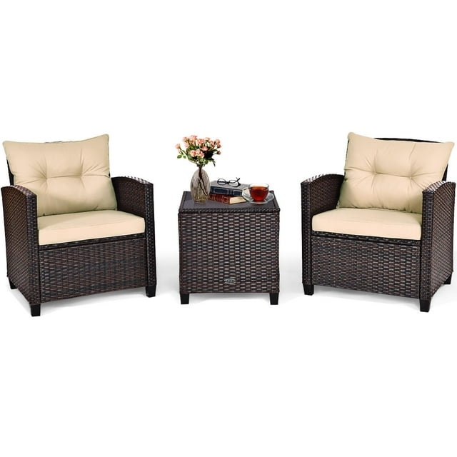 Giantex 3 Pieces Patio Furniture Set, PE Rattan Wicker 3 Pcs Outdoor Sofa Set w/Washable Cushion and Tempered Glass Tabletop, Conversation Furniture for Garden Poolside Balcony (Brown)
