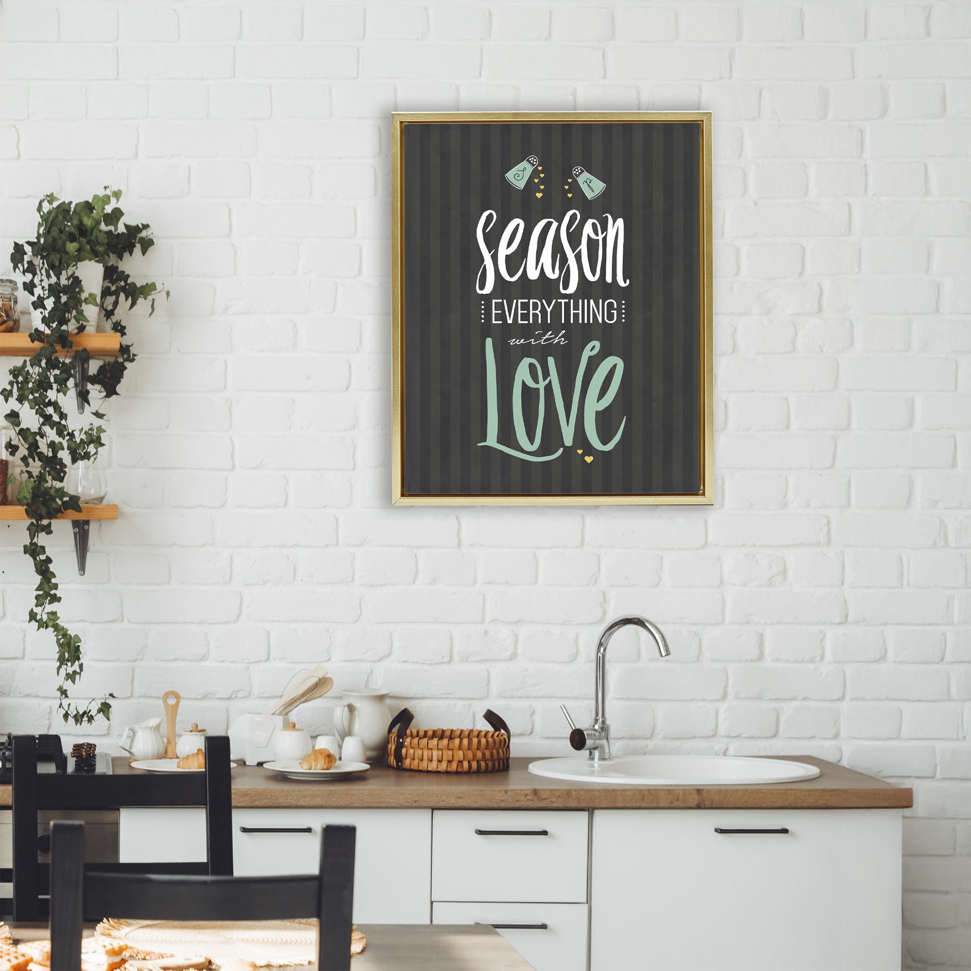 Season With Love Black & Green Gold Framed Floater Canvas Wall Art, design by Lettered and Lined