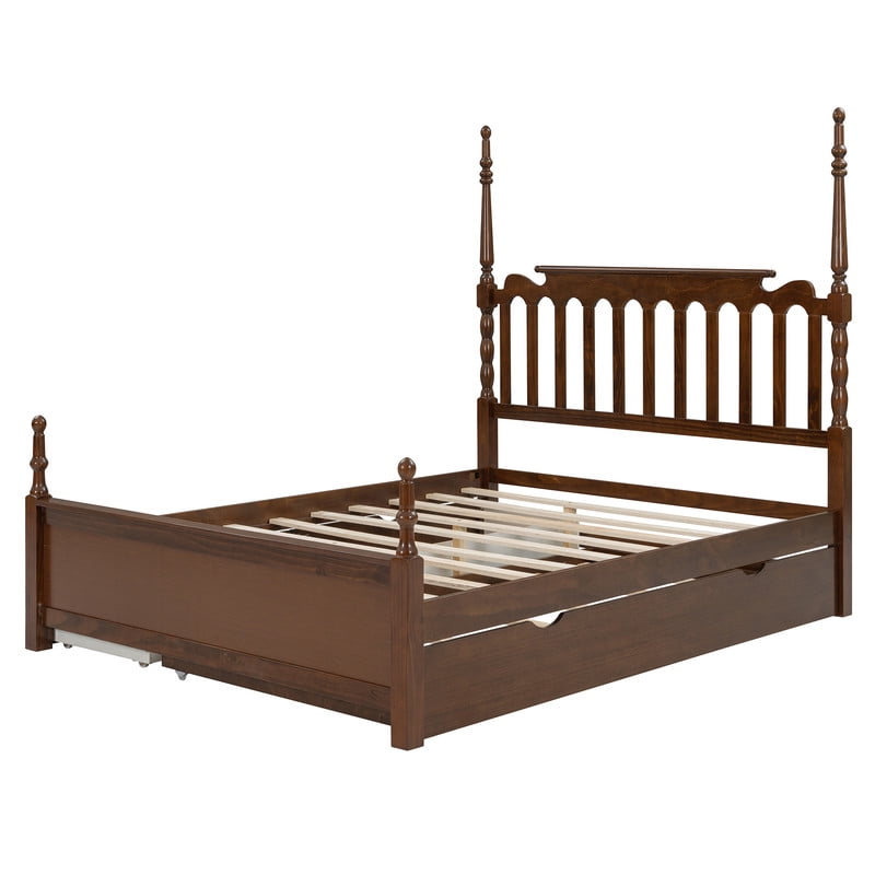 Queen Size Platform Bed with Twin XL Trundle and 2 Storage Drawers, Wooden Bed Frame with Vintage Spindle Headboard & Footboard