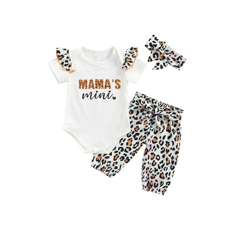 

Yinyinxull Infant Baby Girl Clothes Mama s Mini Short Sleeve Ruffle Romper Leopard Long Pants Headband Outfits White 12-18 Months