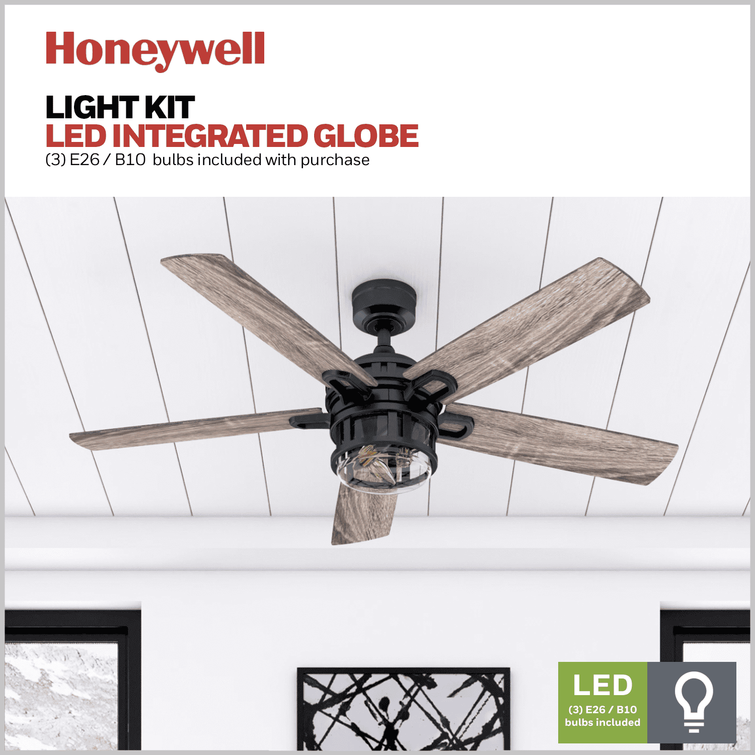 Honeywell Bonterra 52 Inch Ceiling Fan with LED Light & Remote, Matte Black