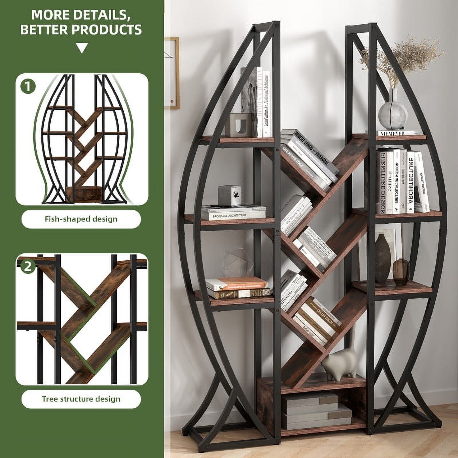 Uforic 5 Tier Bookshelf, Industrial Etagere Bookcase, Oval Bookshelf, Large Display Shelves for Living Room, Home Office, Brown