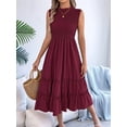 thumbnail image 6 of Women'S Ruffle Trim Flutter Sleeve Midi Dress Pleated Crew Neck Tiered Smocked Flowy Dresses Wine Red L, 6 of 9