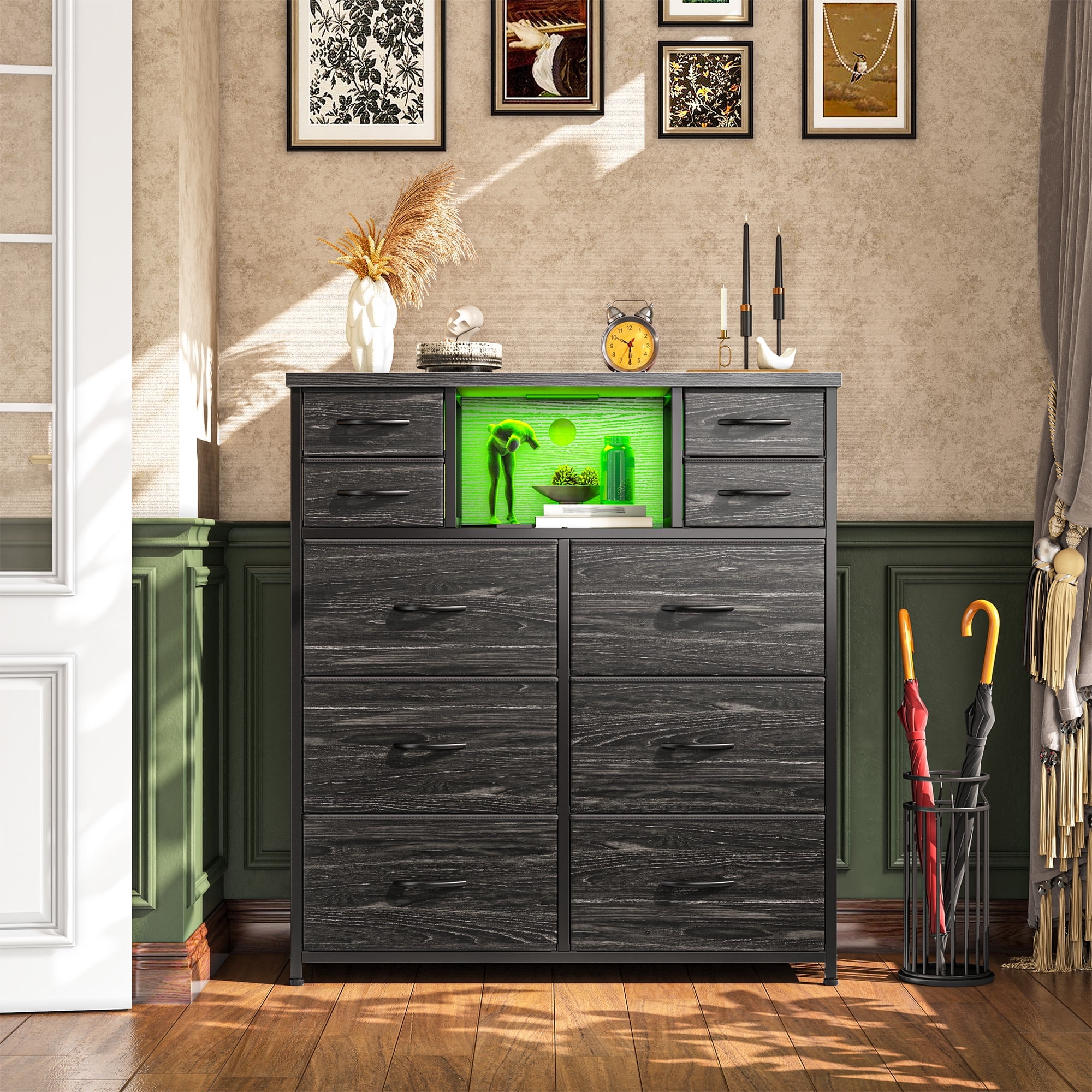 Romorgniz Tall Dresser for Bedroom with 10 Drawers Featuring LED Lights & Power Outlet Fabric Dressers & Chest of Drawers with Open Shelves, Black