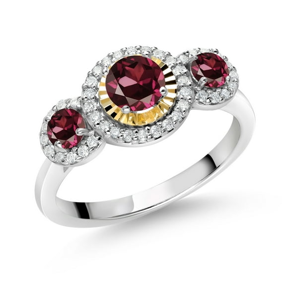 Gem Stone King 0.82 Ct Round Red Rhodolite Garnet 925 Silver and 10K Yellow Gold 3 Stone Women's Lab Grown Diamond Ring (Size 7)