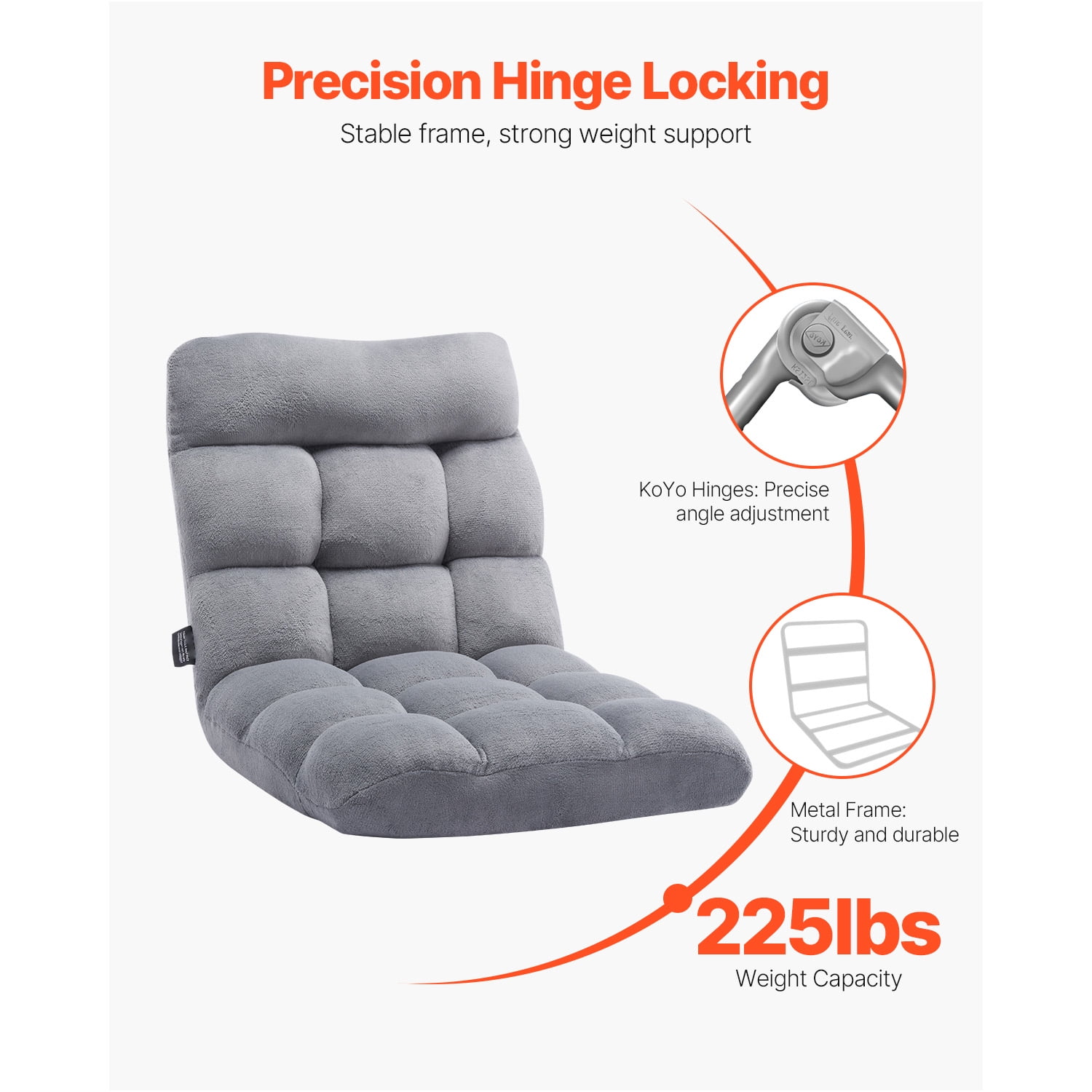 KFFKFF Floor Chair, Foldable Lounge Chair with 14-Position Adjustable, Lumbar Support, Reading Chair Perfect for Sleep, Reading, Gaming, Gray