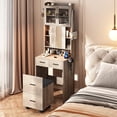 thumbnail image 2 of Spaco Vanity Desk with Sliding Mirror and LED Lights, Makeup Table with Charging Station and Storage Shelves, Compact Mini Corner Vanity Set with Hidden Storage Stool for Small Space, Gray, 2 of 15