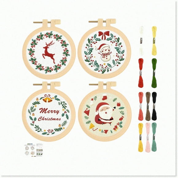 Snowy Stitchery: DIY Adult Beginner Embroidery Kit - Merry Stamped Cross Stitch with Snowman, Deer Patterns & Instructions.