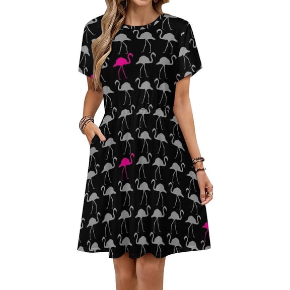 Flamingo Flock Dress Summer Street Style Dresses Female Short Sleeve Printed Sundress