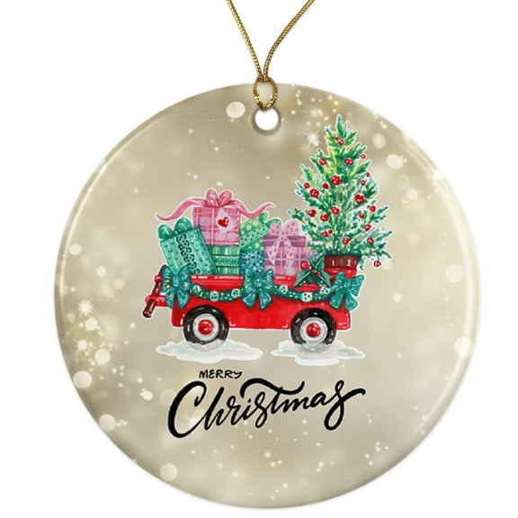 Red Wagon Christmas Ornament - Tree and Gifts Decor - Unique Family Keepsake - Festive Holiday Decoration Ceramic Ornament - 3 Inch Christmas Tree Round Ornament - Xmas Holiday Decor ORNW0285
