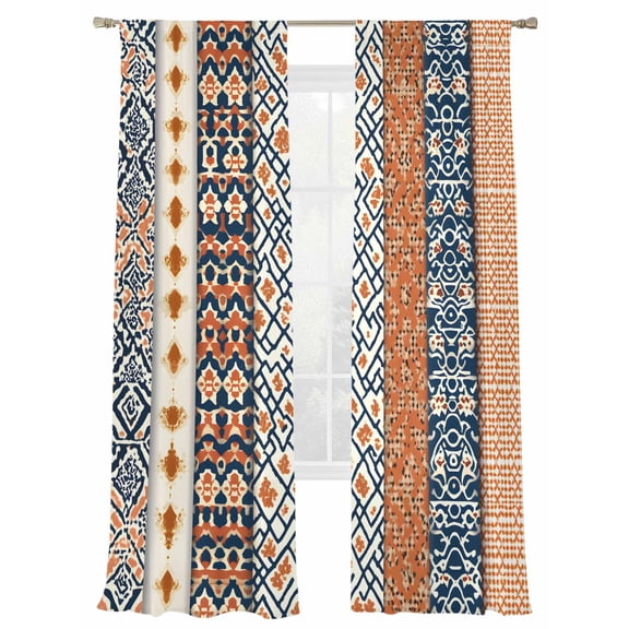 Bohemian Orange Sheer Curtains 2 Panels Set Floral Geometric Texture Retro Ethnic Art Sheer Window Curtains Light Filtering Rod Pocket Voile Drapes for Bedroom Living Room 52"X108"